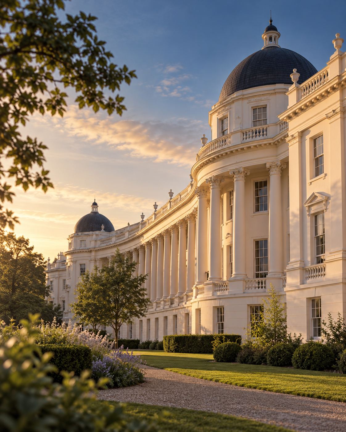 A neoclassical terrace in London at sunset